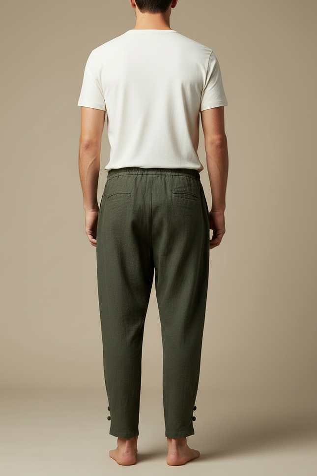 Pantalon Japonais Vert Kaki Lin Ample Boutons - vue 2