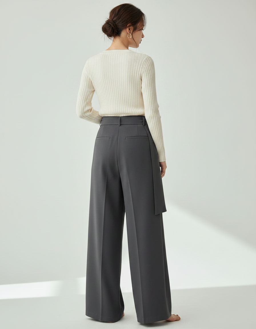 Pantalon Japonais Gris Asymétrique Fluide Élégant Large - Polyester - vue 2