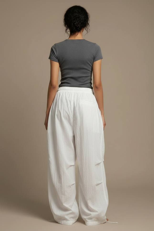 Pantalon Japonais Blanc Ample Fluide Cordon Femme - Polyester - vue 2