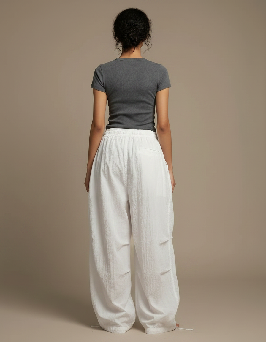 Pantalon Japonais Blanc Ample Fluide Cordon Femme - Polyester - vue 2