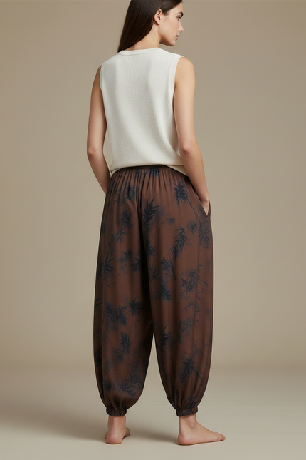 Pantalon Japonais Sarouel Marron Imprimé Bambou Femme - Viscose - vue 2