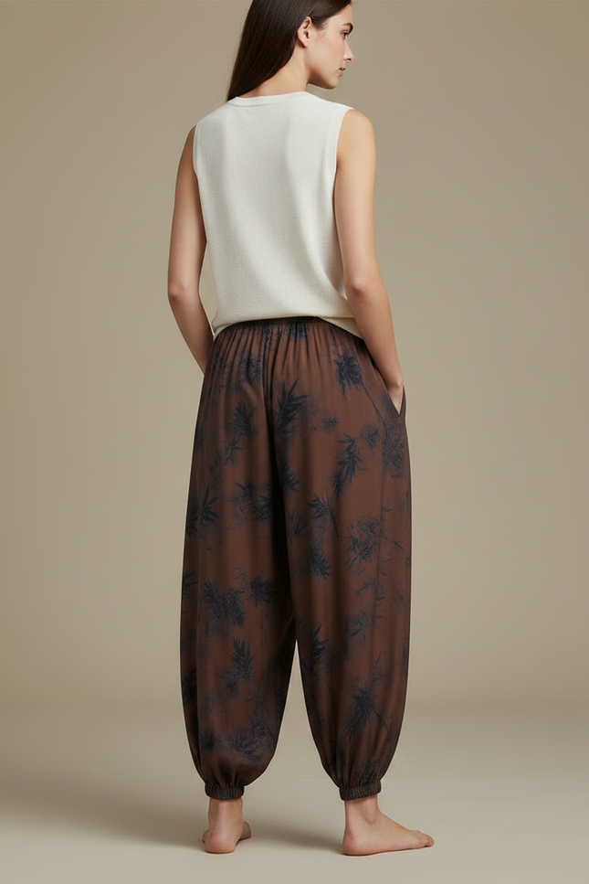 Pantalon Japonais Sarouel Marron Imprimé Bambou Femme - Viscose - vue 2