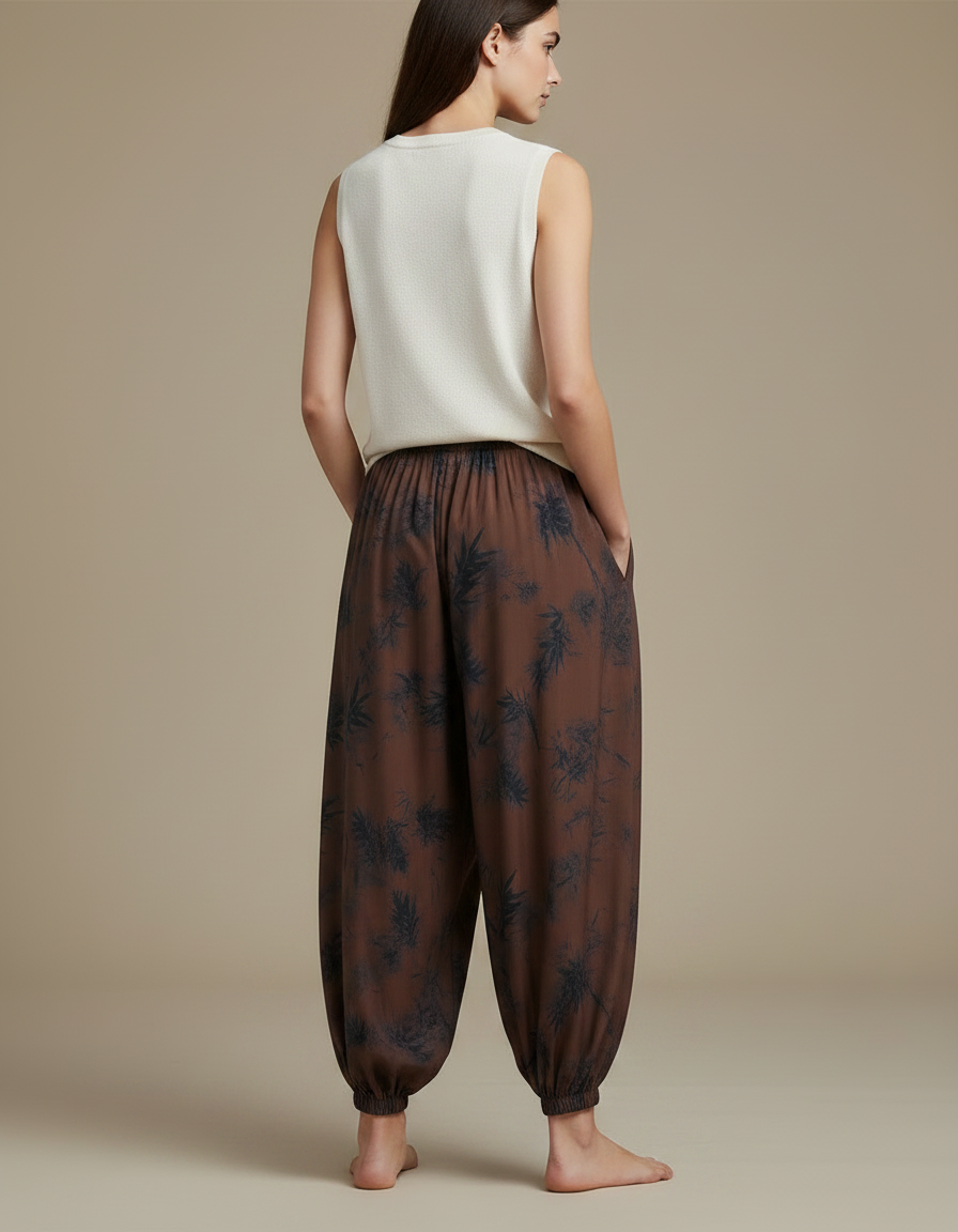 Pantalon Japonais Sarouel Marron Imprimé Bambou Femme - Viscose - vue 2