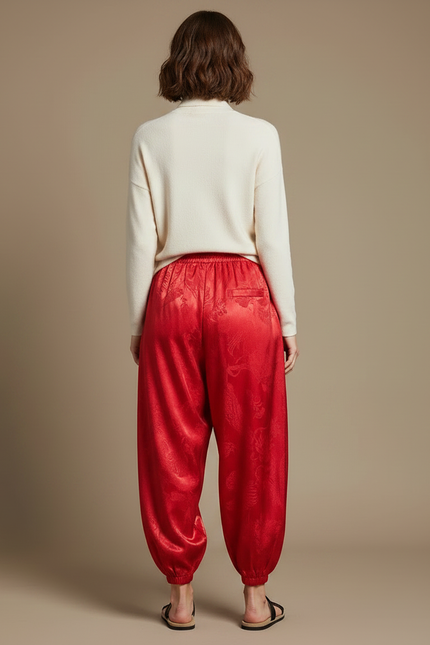 Pantalon Japonais Rouge Soie Dragon Harem Fluide - vue 2