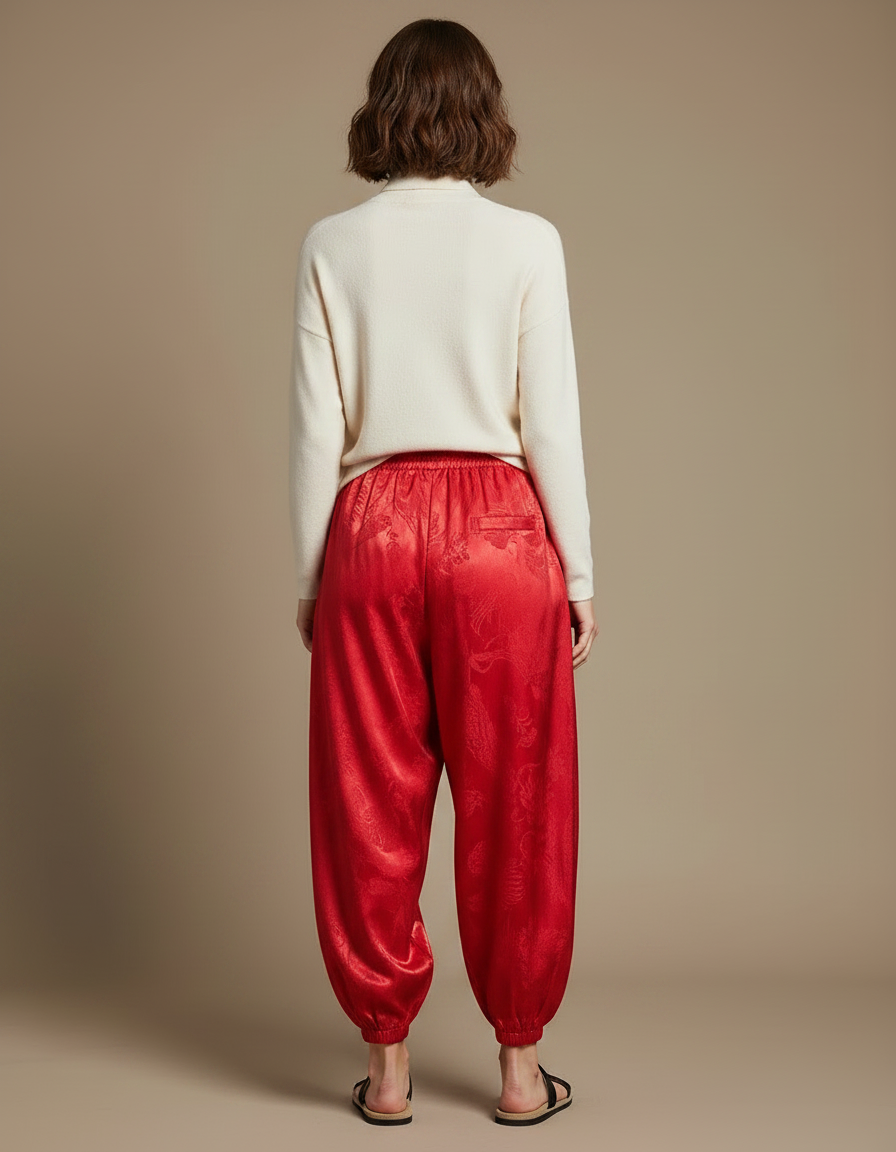 Pantalon Japonais Rouge Soie Dragon Harem Fluide - vue 2