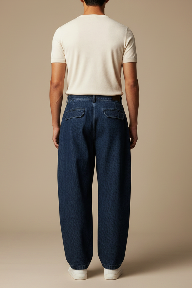 Pantalon Japonais Denim Ample Plissé Décontracté Homme - Marine Jean - vue 2