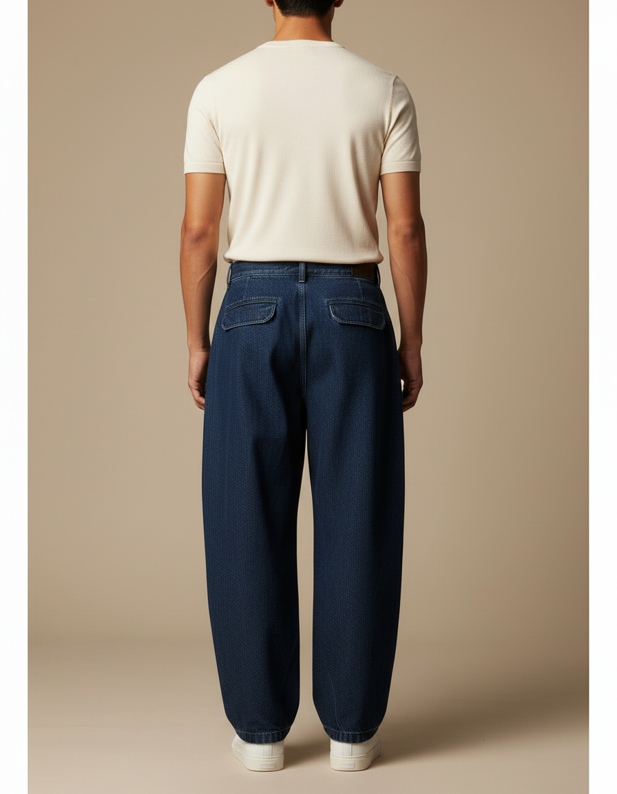 Pantalon Japonais Denim Ample Plissé Décontracté Homme - Marine Jean - vue 2