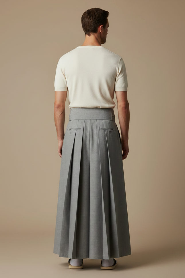 Pantalon Japonais Gris Plissé Traditionnel Formel Homme - Laine - vue 2