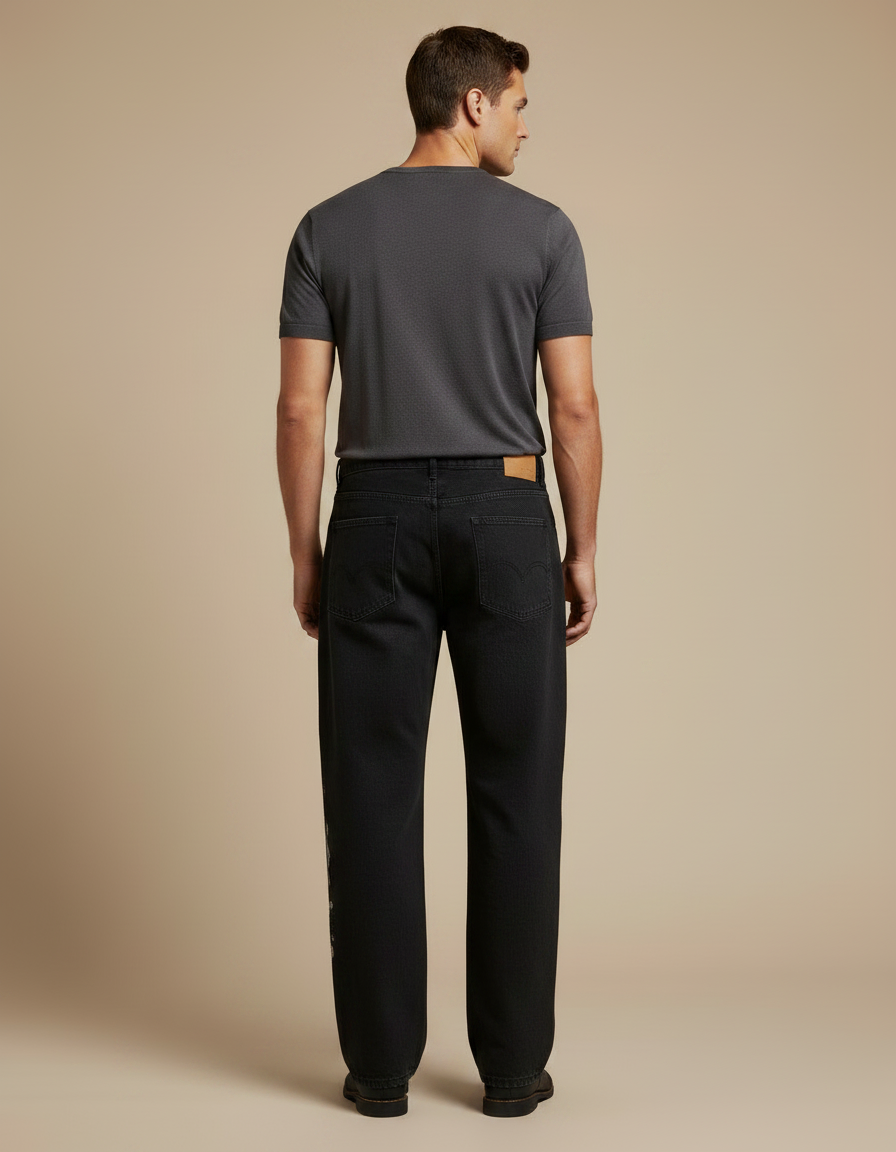 Pantalon Japonais Noir Brodé Dragon Ample Homme - Jean - vue 2