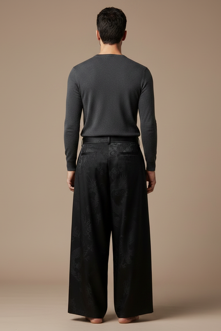 Pantalon Japonais Noir Satin Dragon Ample Homme - vue 2