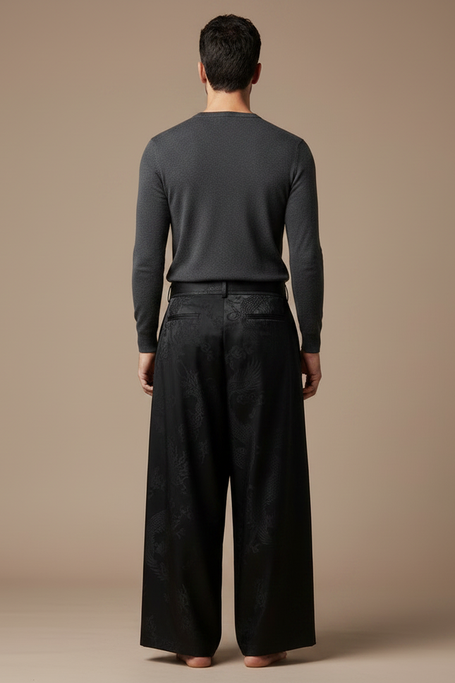 Pantalon Japonais Noir Satin Dragon Ample Homme - vue 2