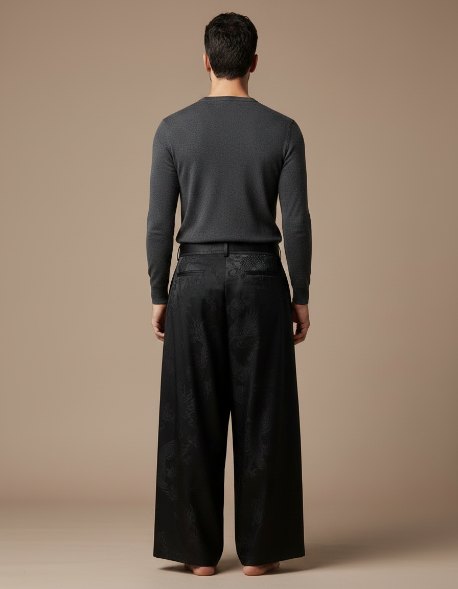 Pantalon Japonais Noir Satin Dragon Ample Homme - vue 2