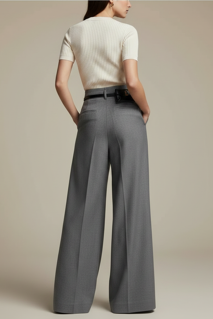 Pantalon Japonais Gris Ample Fendu Élégant Fluide Femme - Gabardine - vue 2