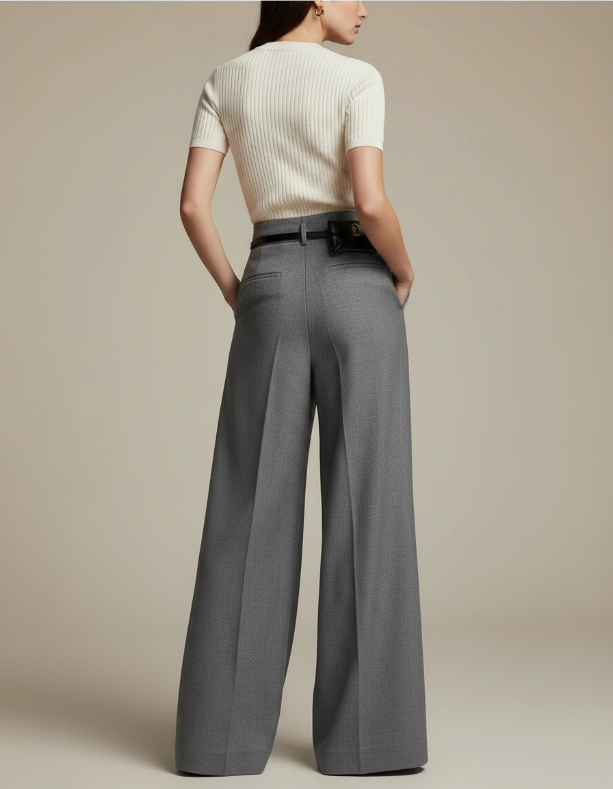 Pantalon Japonais Gris Ample Fendu Élégant Fluide Femme - Gabardine - vue 2