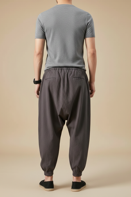 Pantalon Japonais Sarouel Ample Coton Lin Gris - vue 2