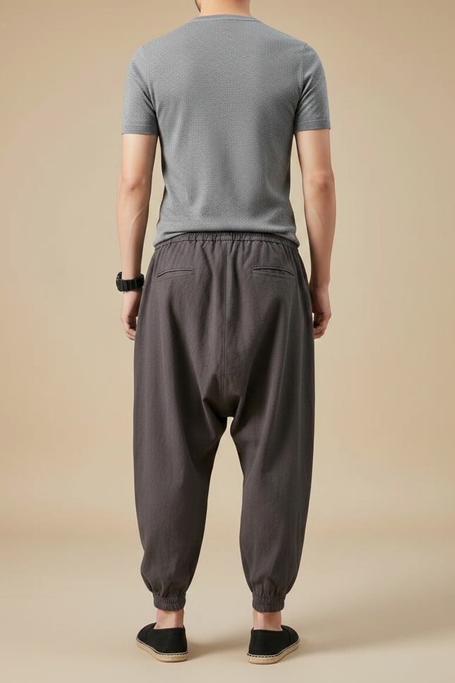 Pantalon Japonais Sarouel Ample Coton Lin Gris - vue 2