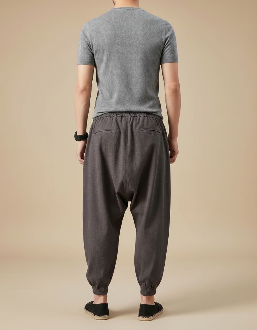 Pantalon Japonais Sarouel Ample Coton Lin Gris - vue 2