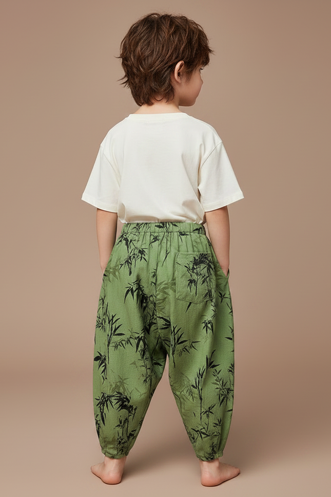 Pantalon Japonais Vert Ample Motif Bambou Enfant - Lin - vue 2