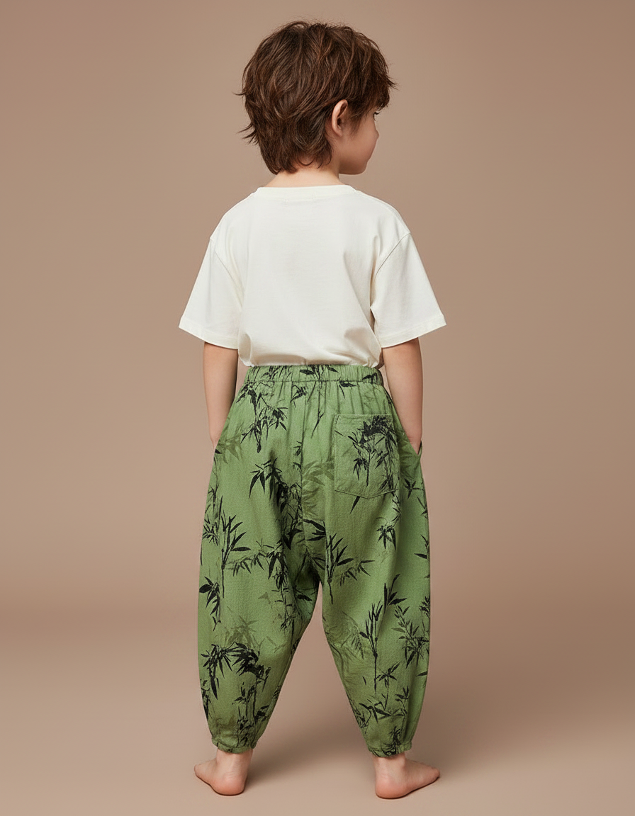 Pantalon Japonais Vert Ample Motif Bambou Enfant - Lin - vue 2