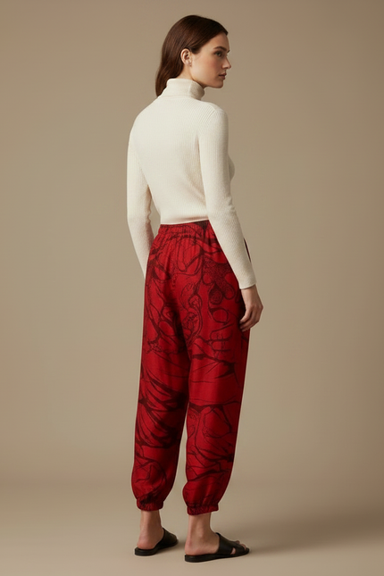 Pantalon Japonais Rouge Ample Imprimé Dragon Fluide - Viscose - vue 2