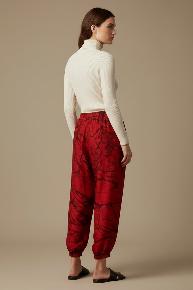 Pantalon Japonais Rouge Ample Imprimé Dragon Fluide - Viscose - vue 2