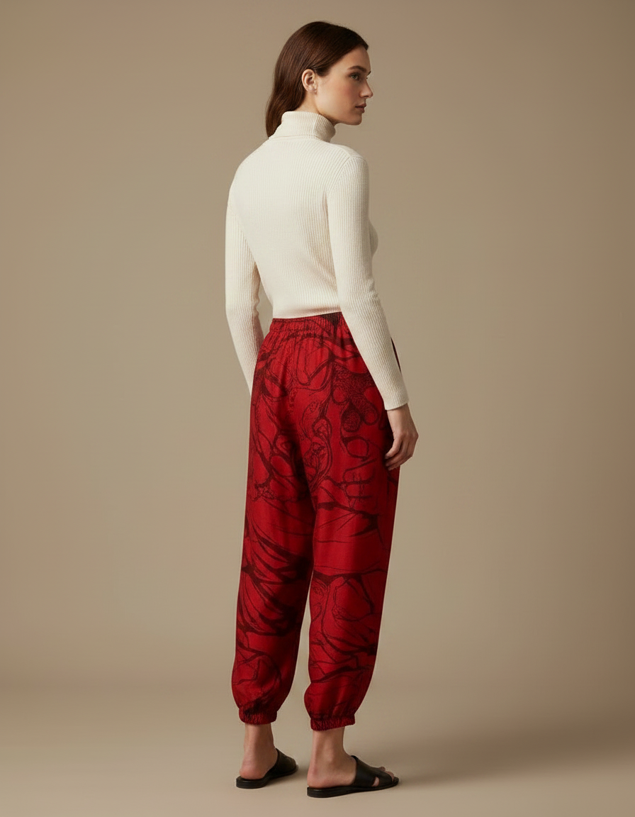 Pantalon Japonais Rouge Ample Imprimé Dragon Fluide - Viscose - vue 2