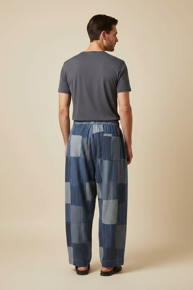 Pantalon Japonais Patchwork Ample Coton Lin Décontracté - Bleu - vue 2