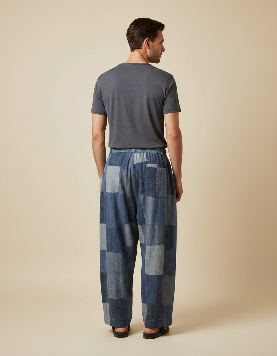 Pantalon Japonais Patchwork Ample Coton Lin Décontracté - Bleu - vue 2