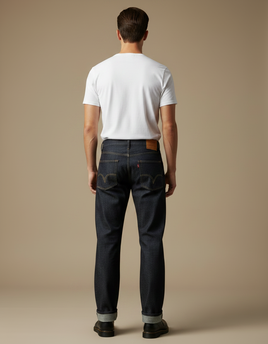 Pantalon Japonais Denim Brodé Droit Coton Homme - Marine Jean - vue 2