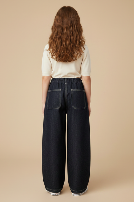 Pantalon Japonais Denim Ample Fille Couture Blanche - Marine Jean - vue 2