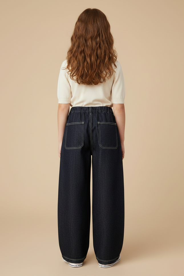 Pantalon Japonais Denim Ample Fille Couture Blanche - Marine Jean - vue 2