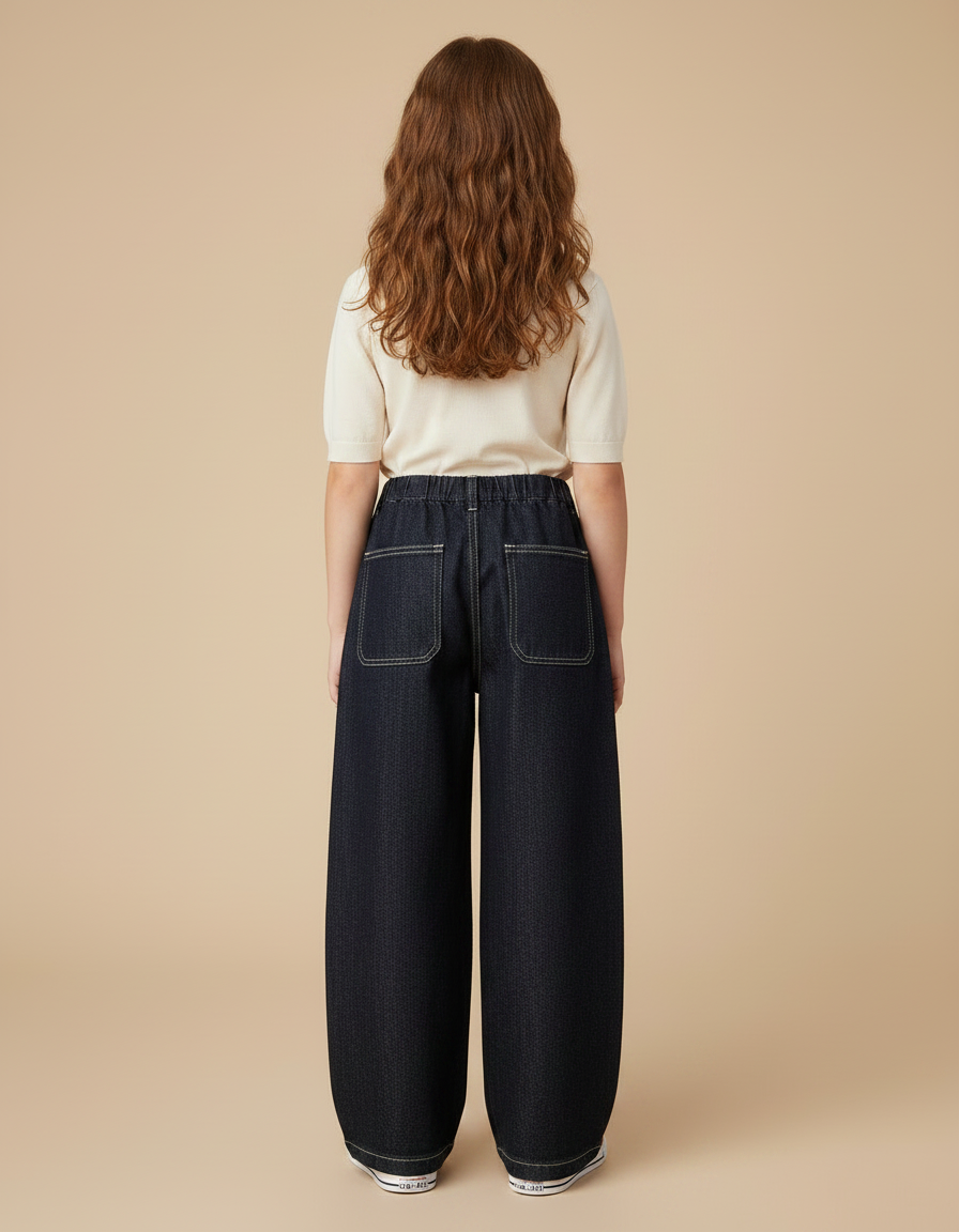 Pantalon Japonais Denim Ample Fille Couture Blanche - Marine Jean - vue 2