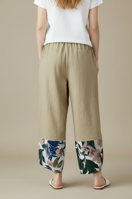 Pantalon Japonais Beige Lin Ample Fleuri Décontracté - vue 2