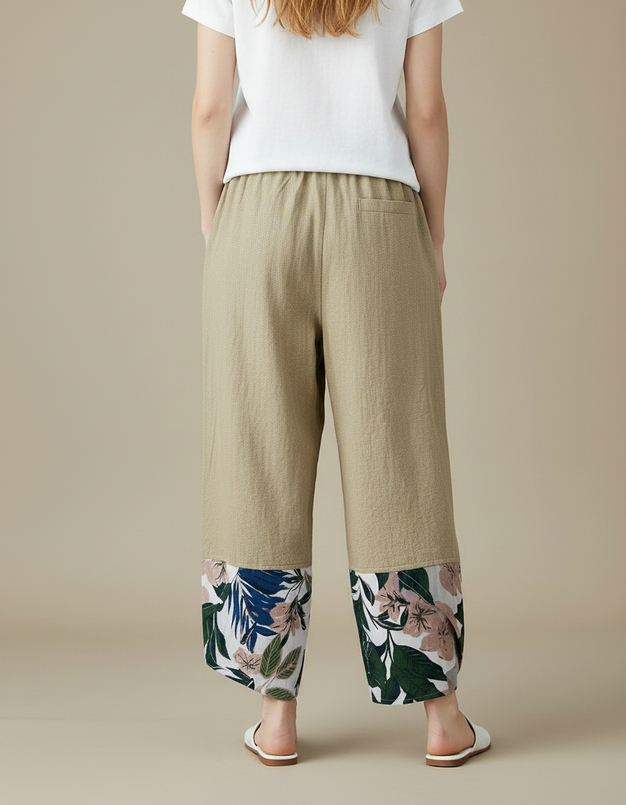 Pantalon Japonais Beige Lin Ample Fleuri Décontracté - vue 2