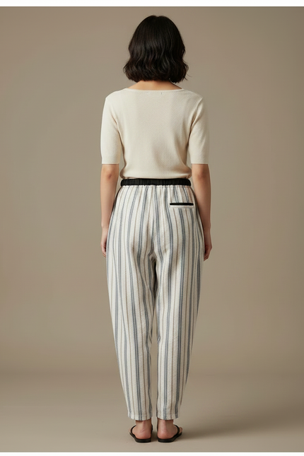 Pantalon Japonais Rayé Ample Lin Coton Décontracté - Beige - vue 2