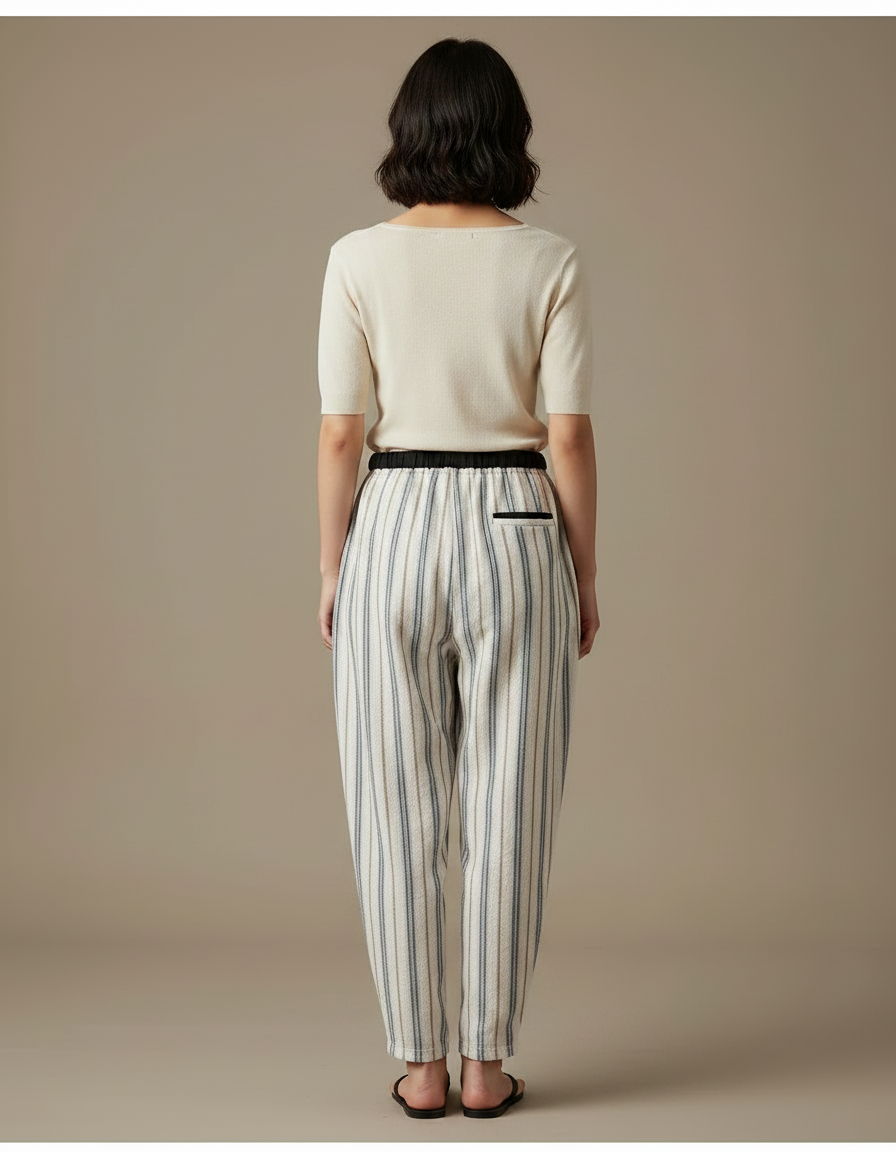 Pantalon Japonais Rayé Ample Lin Coton Décontracté - Beige - vue 2