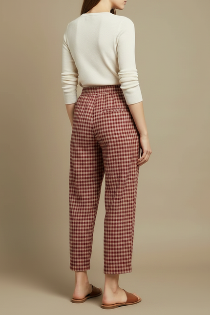 Pantalon Japonais Carreaux Rouge Ample Coton Confortable Femme - vue 2