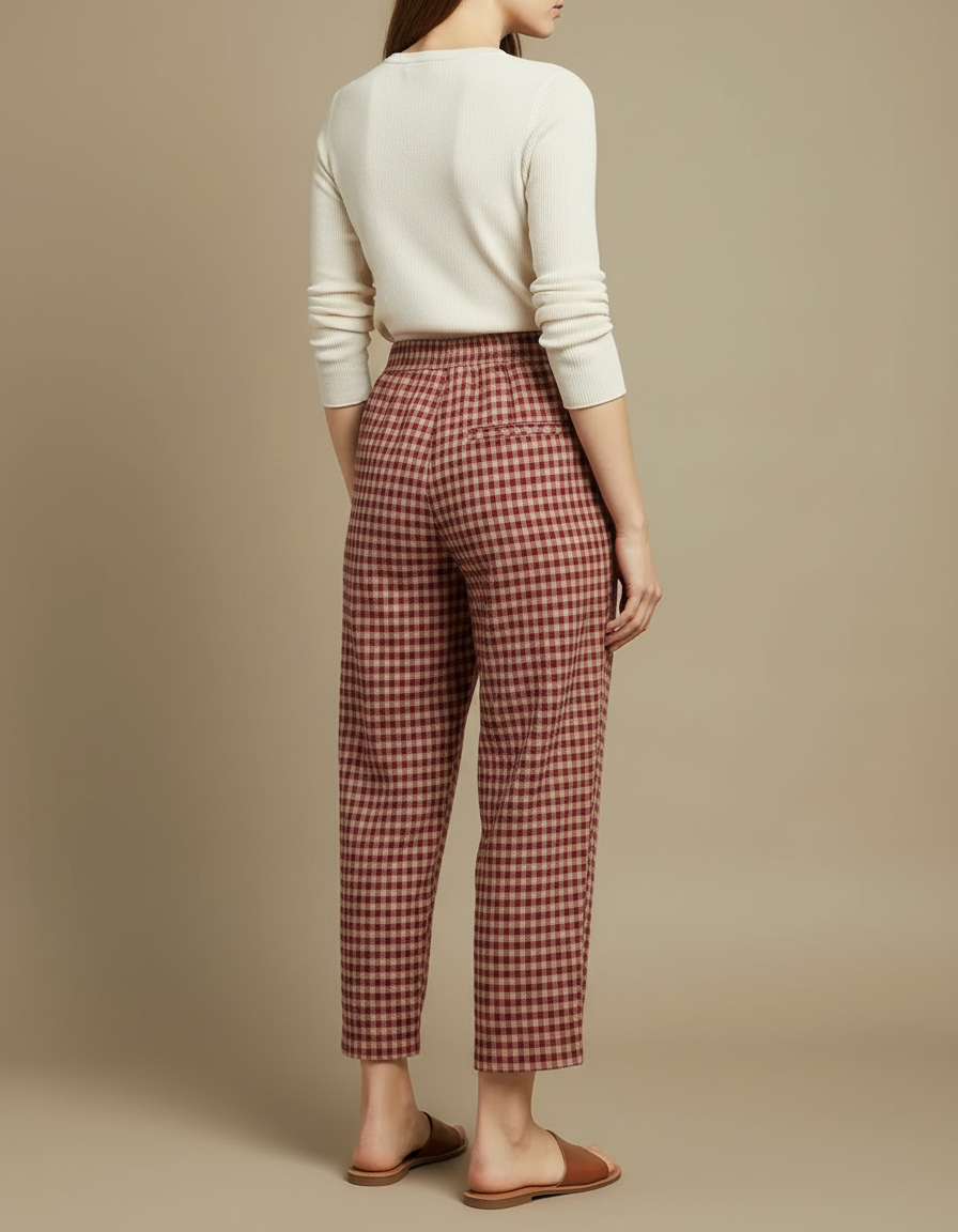 Pantalon Japonais Carreaux Rouge Ample Coton Confortable Femme - vue 2