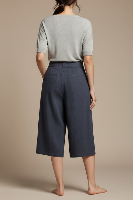 Pantalon Japonais Bleu Marine Ample Lin Brodé Vagues - vue 2