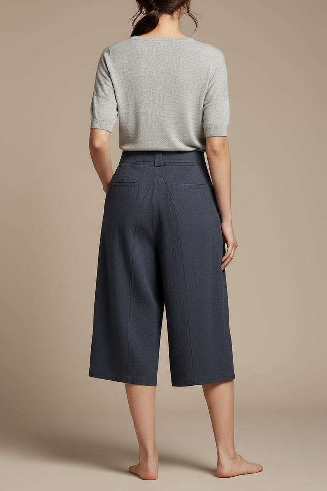 Pantalon Japonais Bleu Marine Ample Lin Brodé Vagues - vue 2