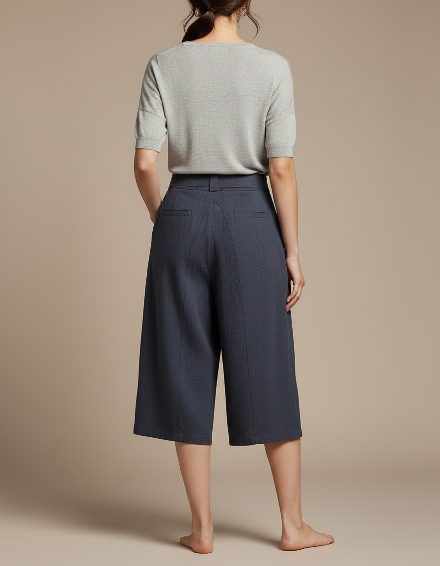 Pantalon Japonais Bleu Marine Ample Lin Brodé Vagues - vue 2