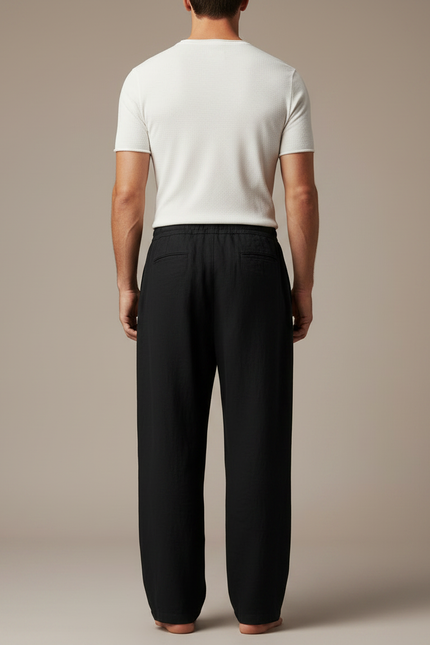Pantalon Japonais Noir Fluide Ample Cordon Élégant - Lin - vue 2