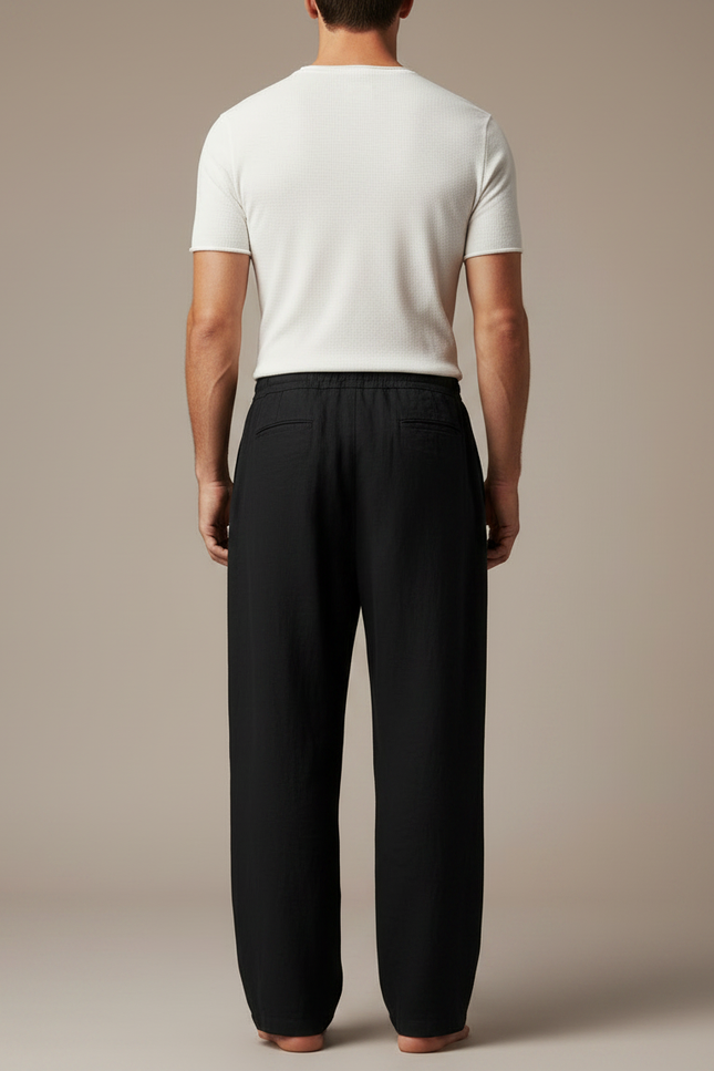 Pantalon Japonais Noir Fluide Ample Cordon Élégant - Lin - vue 2