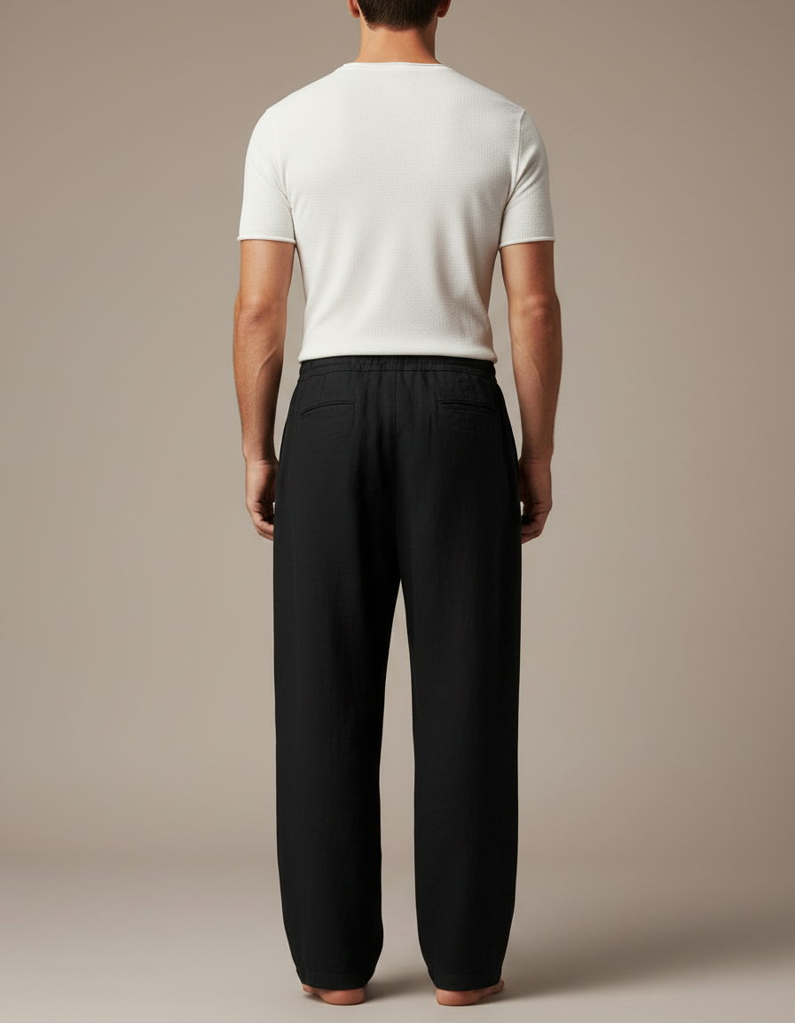 Pantalon Japonais Noir Fluide Ample Cordon Élégant - Lin - vue 2