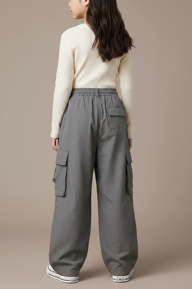 Pantalon Japonais Cargo Gris Ample Décontracté Enfant - Polyester - vue 2