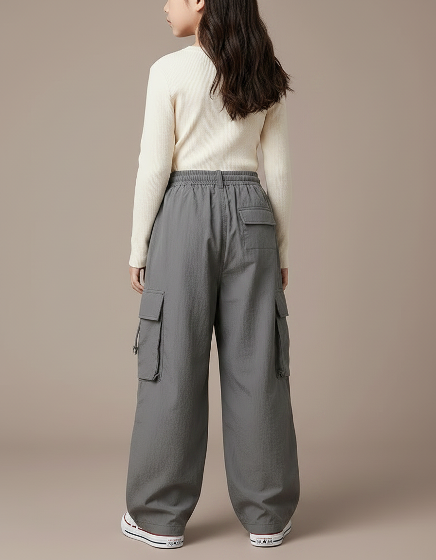 Pantalon Japonais Cargo Gris Ample Décontracté Enfant - Polyester - vue 2
