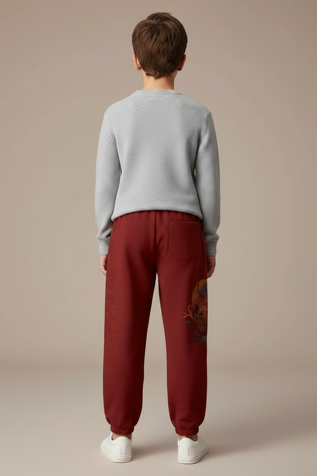 Pantalon Japonais Rouge Dragon Molleton Enfant Décontracté - Bordeaux - vue 2
