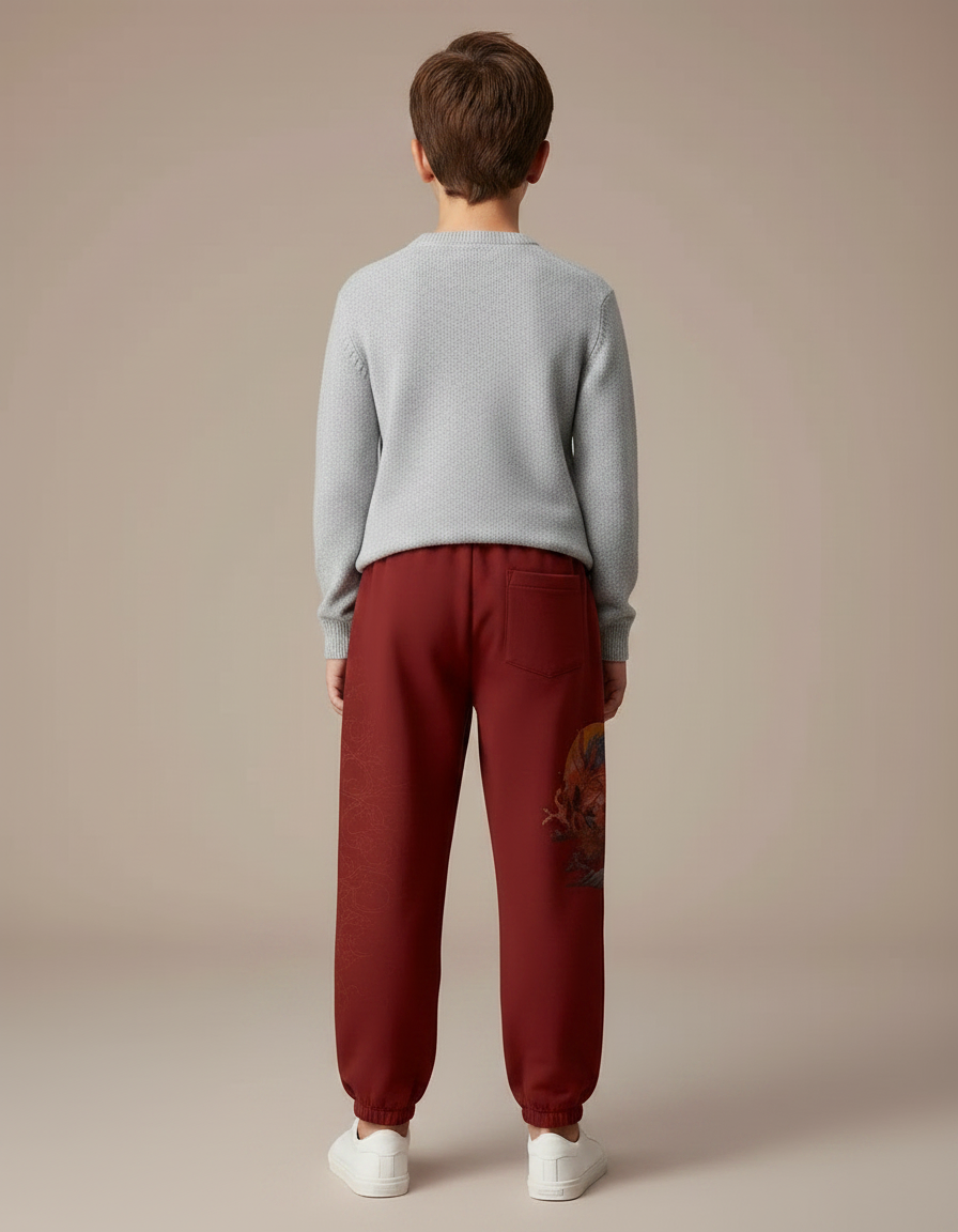 Pantalon Japonais Rouge Dragon Molleton Enfant Décontracté - Bordeaux - vue 2