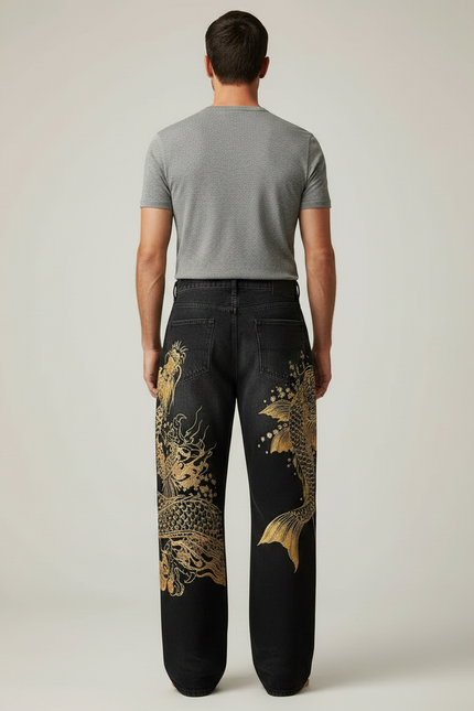 Pantalon Japonais Noir Brodé Ample Dragon Koi - Jean - vue 2