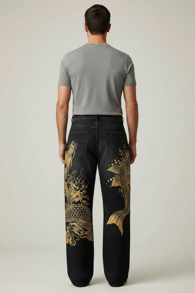 Pantalon Japonais Noir Brodé Ample Dragon Koi - Jean - vue 2